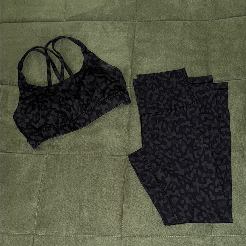Lululemon Set Black Leopard Energy Bra & Wunder Under Leggings Luxtreme 25”